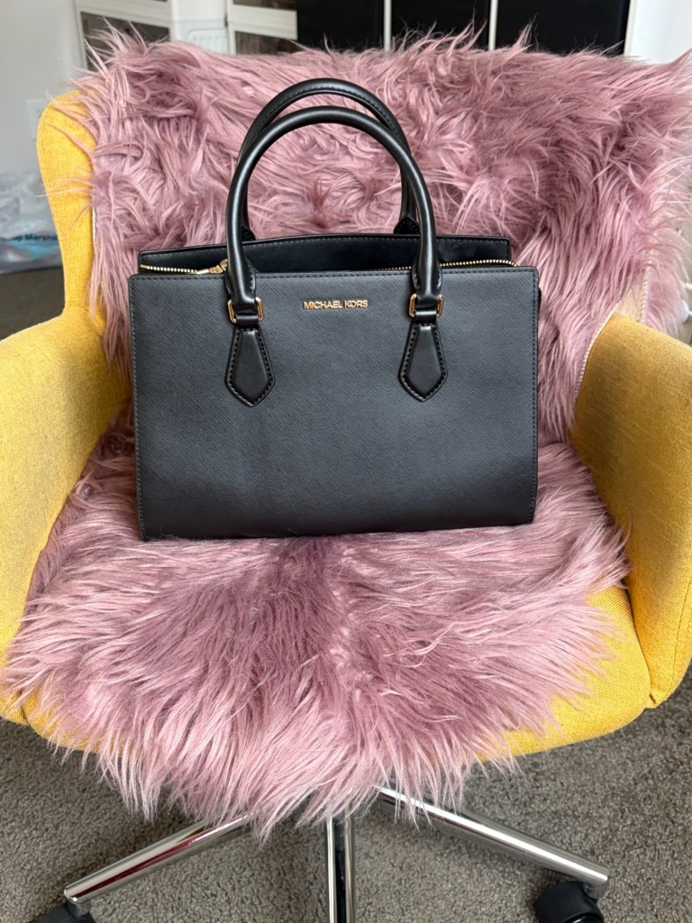 Michael Kors Black Leather Satchel with Gold-Tone Logo